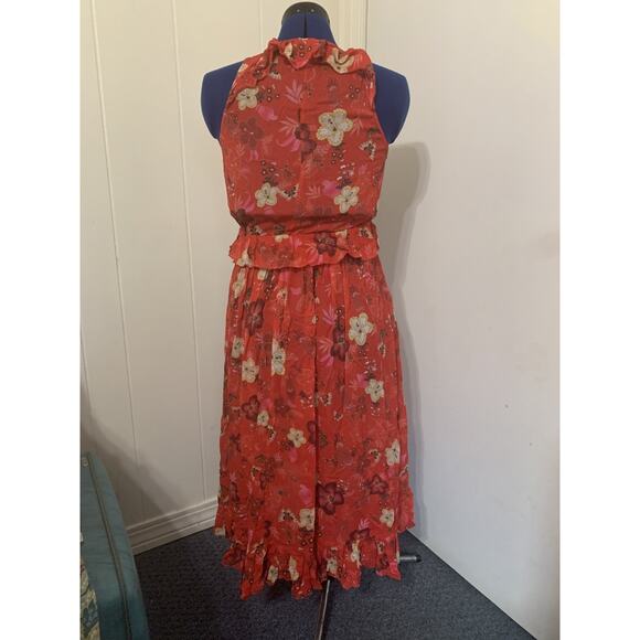 Farm Rio Sheer Red Floral Halter Dress Medium Ruffle Hem Beachy Resort Travel - Picture 3 of 10